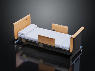 Single Bed Featuring Wooden Headboard Footboard Light Gray Mattress On Black Metal Frame With Wheels 3d model