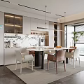 Modern Restaurant Interior With White Cabinets Marble Countertop Dining Table Chairs Hanging Lights And Large Windows