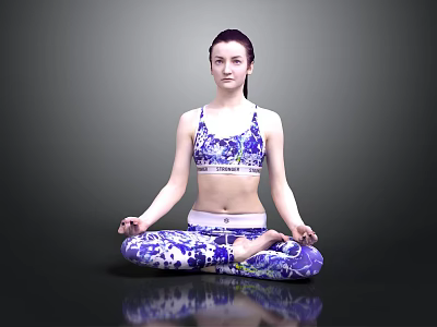 Woman Practicing Yoga In Lotus Pose Wearing Blue White Pattern Yoga Outfit 3d model