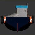 Small Blue And White Watercraft With Blue Roofed Cabin Red Green Barrels And Orange Lifebuoy