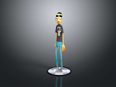 3D Cartoon Character Wearing Black T-shirt With Skull Design Blue Pants Standing on Checkered Base 3d model