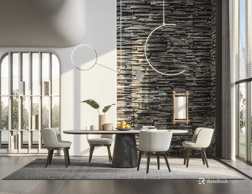 Modern Dining Table Set With Round Table White Chairs Stone Wall And Pendant Lights 3d model 