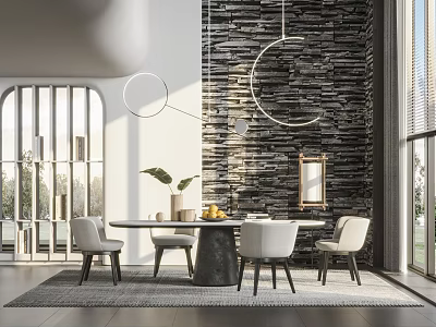 Modern Dining Table Set With Round Table White Chairs Stone Wall And Pendant Lights 3d model