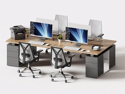 Modern Office Desk With Dual Monitors Office Chair Printer Plant And Supplies 3d model