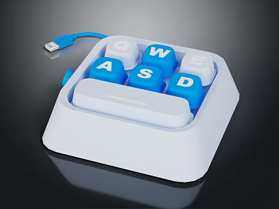 White Mini USB Keyboard with Blue Keys Letters A W E S D and Cable 3d model