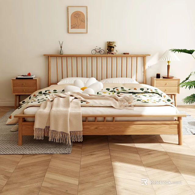 Wooden Double Bed Interior With Slatted Headboard White Pillows Floral Blanket And Bedside Tables 3d model 