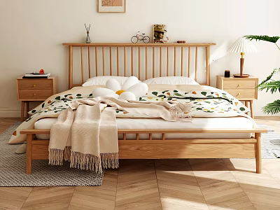 Wooden Double Bed Interior With Slatted Headboard White Pillows Floral Blanket And Bedside Tables 3d model