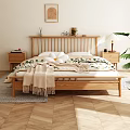 Wooden Double Bed Interior With Slatted Headboard White Pillows Floral Blanket And Bedside Tables
