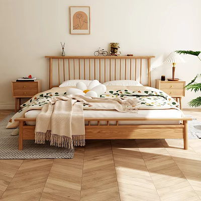 Wooden Double Bed Interior With Slatted Headboard White Pillows Floral Blanket And Bedside Tables 3d model