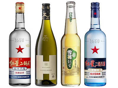 Display Of Different Alcohol Bottles With Red Star Erguotou And Others 3d model