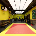4S Auto Service Shop Interior With Yellow Black Walls Tool Racks And Equipment