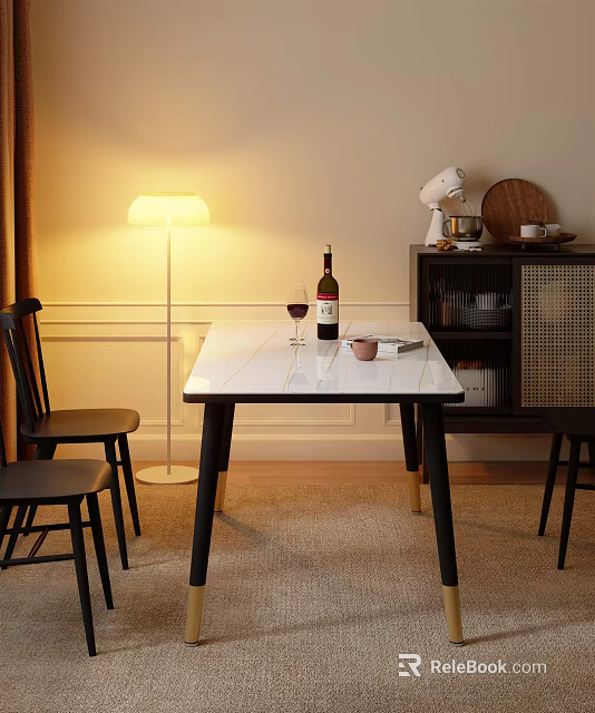 Dining Table Set with White Tabletop Black Legs Chairs Red Wine Floor Lamp and Cabinet 3d model 