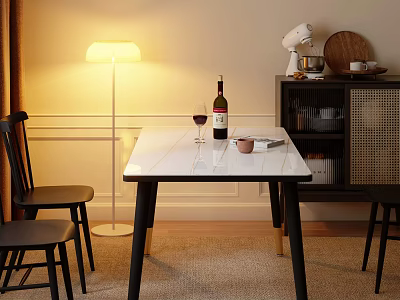 Dining Table Set with White Tabletop Black Legs Chairs Red Wine Floor Lamp and Cabinet 3d model