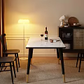 Dining Table Set with White Tabletop Black Legs Chairs Red Wine Floor Lamp and Cabinet