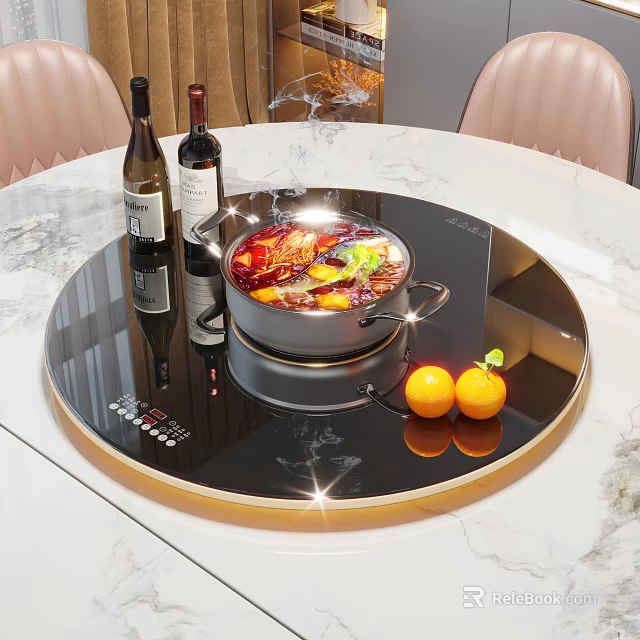 Elegant Dining Table With Rotating Tray Steaming Hotpot Red Wine Bottles And Oranges 3d model 