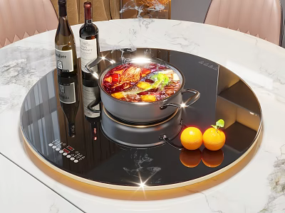 Elegant Dining Table With Rotating Tray Steaming Hotpot Red Wine Bottles And Oranges 3d model