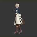 3D Model Blonde Haired Character In Blue White Outfit With Brown Suitcase And Red Boots
