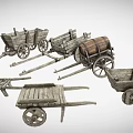 Vintage Wooden Hand Carts with Different Styles Wheels and Barrel Design