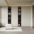 Modern Walk In Closet Interior Design With White Shelves Stool Rug And Window Blinds