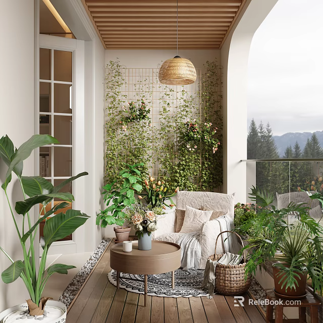 Cozy Natural Home Balcony Space With Green Plant Wall Sofa Table And Mountain View 3d model 