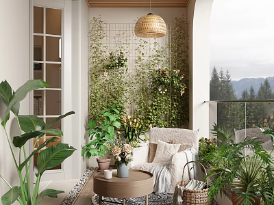 Cozy Natural Home Balcony Space With Green Plant Wall Sofa Table And Mountain View 3d model