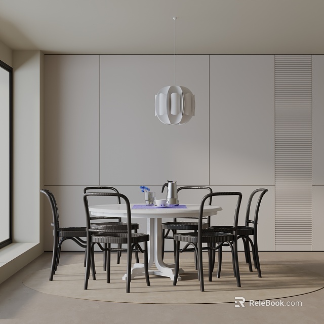 Modern Dining Table Combination With Round Table Black Chairs Hanging Pendant Light And Minimalist Decor 3d model 