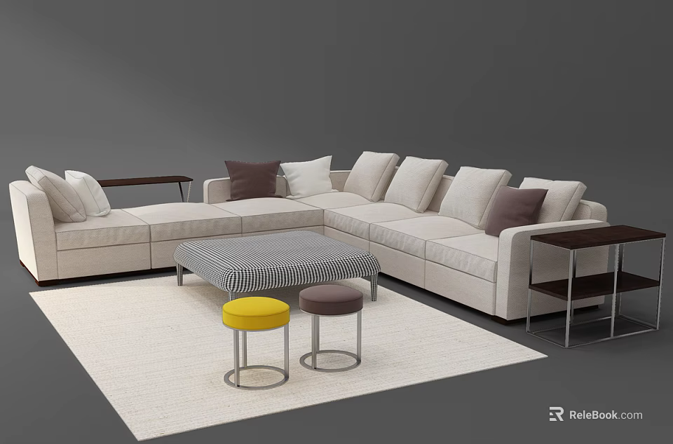 Modern Beige L shaped Sofa with Pillows Striped Coffee Table Set and Stools Side Tables 3d model