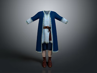 Traditional Style Blue Robe With White Inner Garment Brown Belt Dark Pants And Brown Boots 3d model