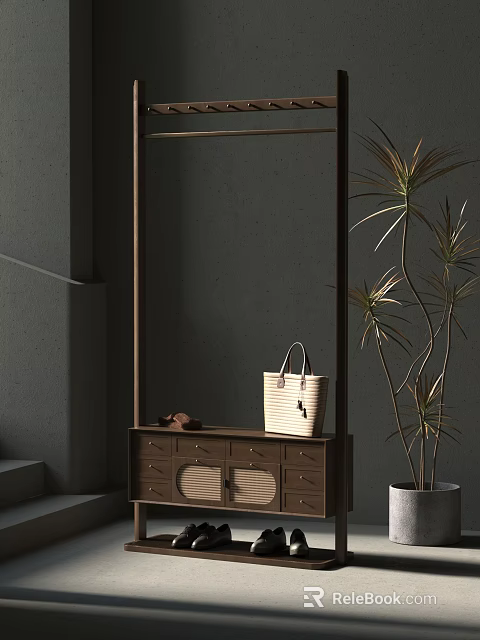 Hanger with Woven Handbag and Brown Shoes on Wood Cabinet Near Green Plant Gray Wall 3d model 