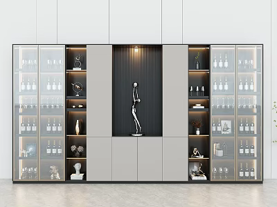 Modern Wine Cabinet Interior Design With Glass Doors Wine Bottles And Decorative Items 3d model