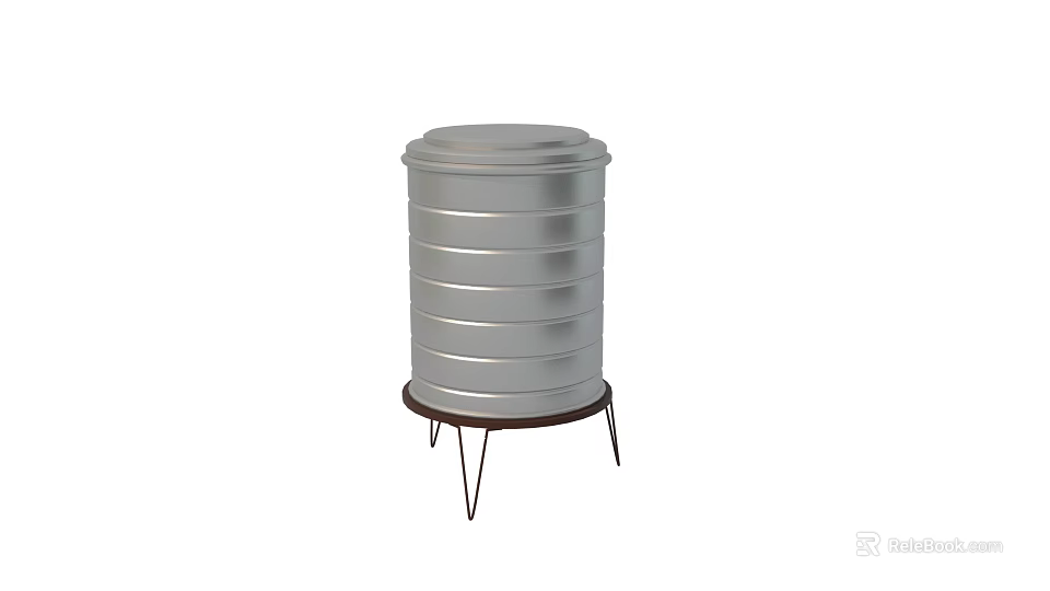 Silver Cylindrical Industrial Storage Tank With Metal Stripes And Stand Base 3d model 