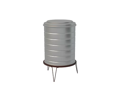 Silver Cylindrical Industrial Storage Tank With Metal Stripes And Stand Base 3d model