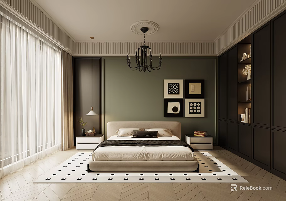 Modern Bedroom Interior Design With Green Wall Chandelier Framed Art Bedside Tables And Patterned Rug 3d model 
