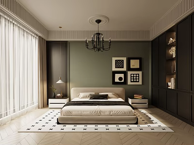 Modern Bedroom Interior Design With Green Wall Chandelier Framed Art Bedside Tables And Patterned Rug 3d model