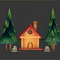 Wooden Cabin with Red Roof Chimney Surrounded by Green Pine Trees Pond and Pathway