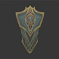 Ornate Teal and Gold Shield with Intricate Patterns and Central Gemstone