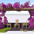 Wooden Pergola Covered With Purple Flowers And Outdoor Seating With Stones