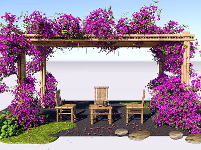 Wooden Pergola Covered With Purple Flowers And Outdoor Seating With Stones 3d model