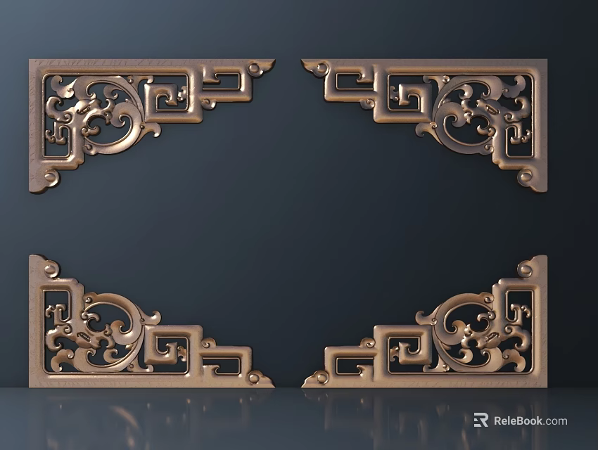 Antique Style Carved Corner Ornaments With Intricate Patterns And Golden Finish 3d model 