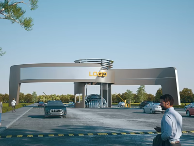 Modern Entrance Gate with Logo and Cars in Busy Landscaped Area with Pedestrians 3d model