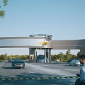 Modern Entrance Gate with Logo and Cars in Busy Landscaped Area with Pedestrians