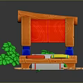 Cartoon Hut Scene With Orange Roof Red Cover Blue Supports Green Plants And Orange Stones