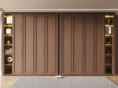 Modern Wooden Sliding Door Wardrobe With Illuminated Open Shelves And Storage Items 3d model