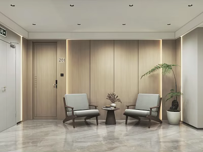 Elevator Hallway With Wooden Walls Recessed Lighting Gray Armchairs Small Round Table Plants Marble Flooring 3d model