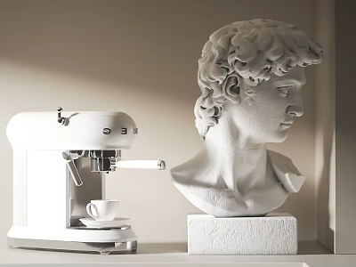 White Coffee Machine As Kitchen Appliance With White Cup And Sculpture 3d model