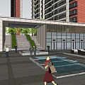 Modern Residential Entrance Gate With High Rise Buildings Steps And Water Pool