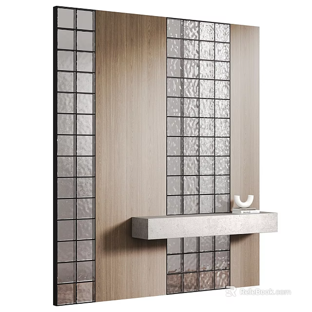 Modern Entryway Design With Wooden Wall Glass Tiles And Stone Shelf 3d model 