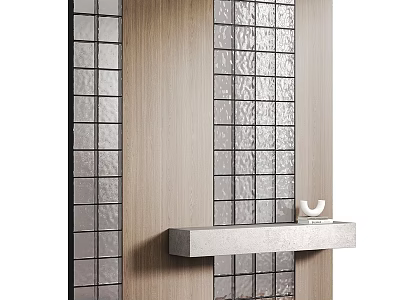 Modern Entryway Design With Wooden Wall Glass Tiles And Stone Shelf 3d model
