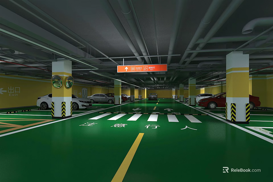 Modern Underground Parking Garage with Green Floor Yellow Columns Parking Lines Arrows Parked Cars Signage 3d model 
