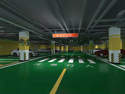 Modern Underground Parking Garage with Green Floor Yellow Columns Parking Lines Arrows Parked Cars Signage 3d model